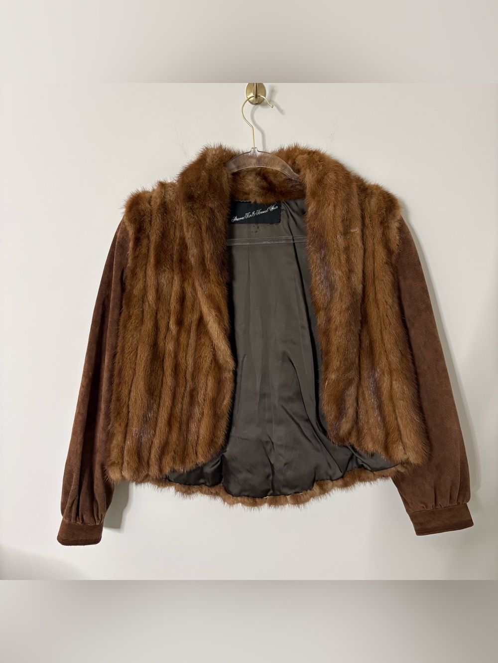 vintage brown real fur jacket with suede sleeves
